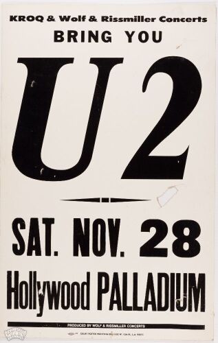 1981 U2 Hollywood Palladium Cardboard Poster Extra Fine 61