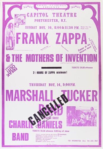 1974 Frank Zappa & The Mothers Capitol Theatre Poster Near Mint 80