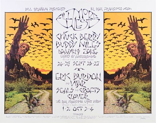 1970 BG-250 Chuck Berry Buddy Miles Eric Burdon & War Fillmore West Poster Near Mint 87