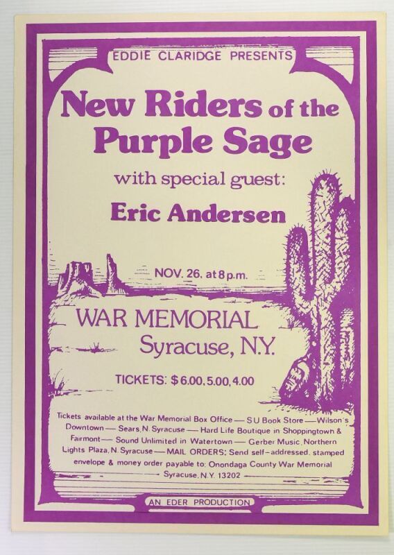 1974 New Riders of the Purple Sage The War Memorial Syracuse Poster Near Mint 89