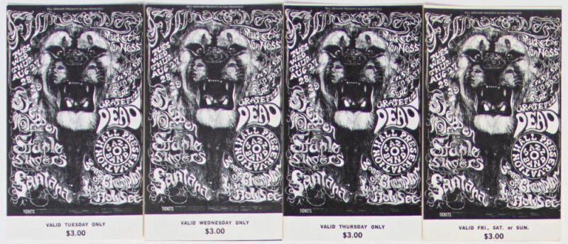 1968 BG-134 Grateful Dead Santana Steppenwolf Fillmore West Complete Set of 4 Original Tickets Near Mint 89