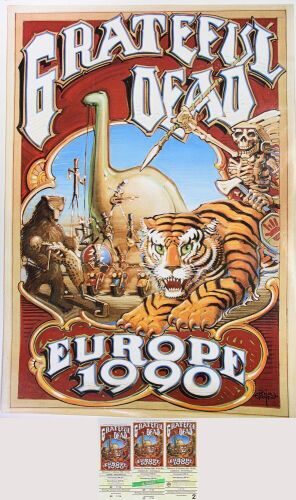 1990 Rick Griffin Grateful Dead GDM Europe Poster & 3 Original Tickets Various Grades