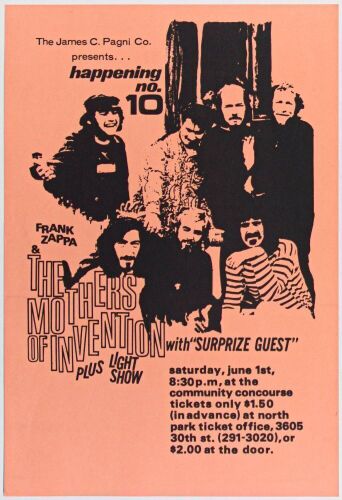 1968 Frank Zappa And The Mothers of Invention San Diego Community Concourse Poster Near Mint 83