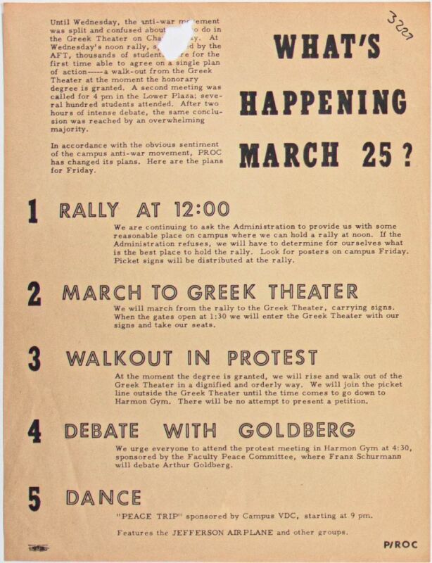 1966 Jefferson Airplane Vietnam Day Committee Peace Rally UC Berkeley Harmon Gymnasium Flyer Extra Fine 69