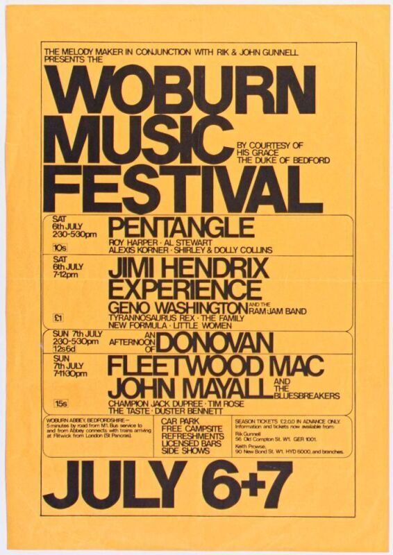 1968 Jimi Hendrix Donovan Fleetwood Mac John Mayall Woburn Music Festival Flyer Extra Fine 67