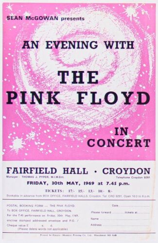 1969 Pink Floyd Fairfield Hall Croydon Ticket Order Form Handbill Excellent 75