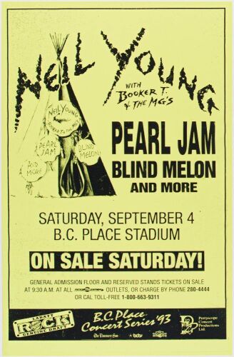 1993 Neil Young Pearl Jam Blind Melon B.C. Place Stadium Vancouver Poster Mint 91