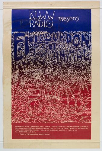 1968 Eric Burdon & The Animals Veterans Memorial Coliseum Cedar Rapids Poster Extra Fine 69