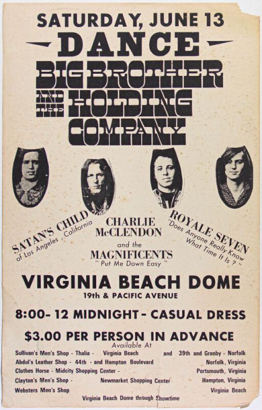 1970 Big Brother & The Holding Company The Virginia Beach Dome Cardboard Poster Extra Fine 61