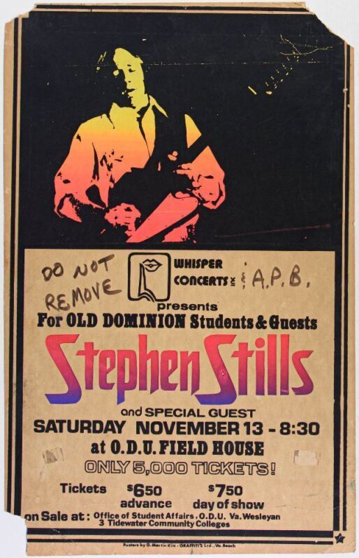 1976 Stephen Stills The Old Dominion University Fieldhouse Norfolk Cardboard Poster Fine 55
