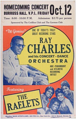 1962 Ray Charles The Raelettes Burruss Hall Virginia Tech Blacksburg Cardboard Poster Near Mint 87