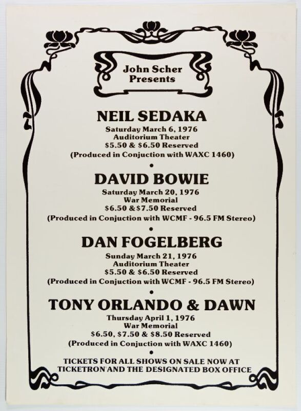 1976 David Bowie Neil Sedaka Rochester Community War Memorial Auditorium Poster Near Mint 85
