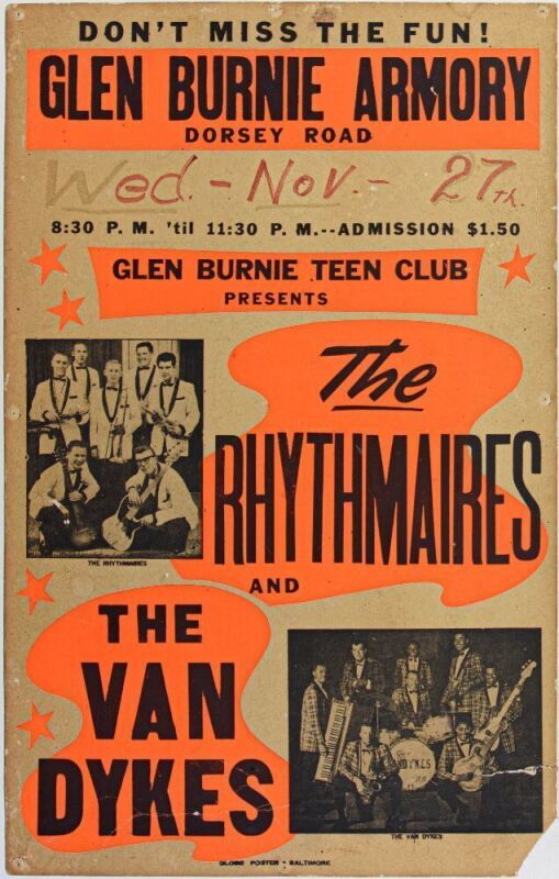1968 The Rhythmaires The Van Dykes The Glen Burnie Armory Baltimore Globe Cardboard Poster Fine 59