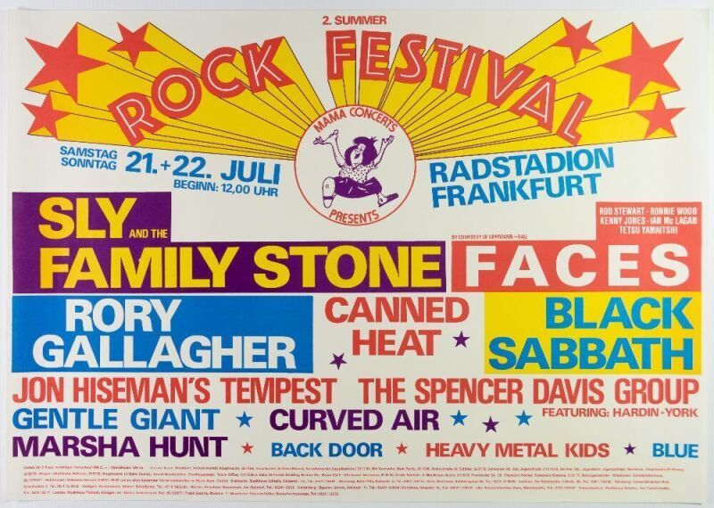 1973 Faces Rod Stewart Sly & Family Stone Rory Gallagher Black Sabbath Germany Poster Near Mint 89