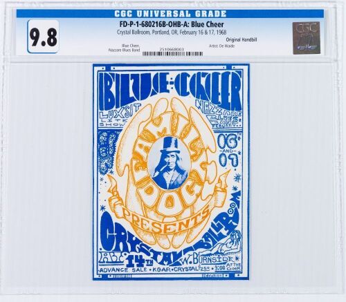 1968 FD-P-1-680216B Blue Cheer The Crystal Ballroom Portland Handbill CGC 9.8