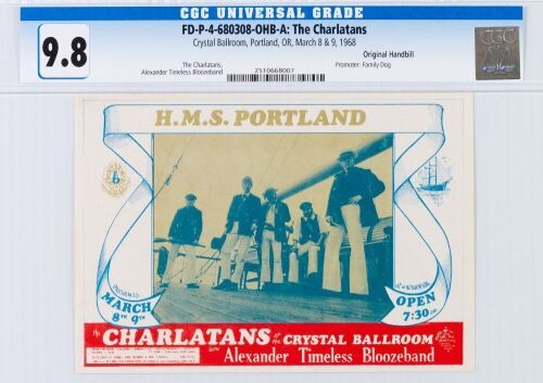 1968 FD-P-4-680308 The Charlatans The Crystal Ballroom Portland Handbill CGC 9.8