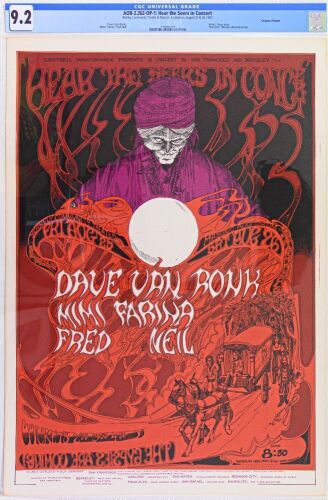 1967 AOR-2.262 Greg Irons Dave Van Ronk Mimi Farina Berkeley Community Theater & SF Masonic Auditorium Poster CGC 9.2