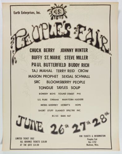 1970 Chuck Berry Johnny Winter Steve Miller The People's Fair Festival Madison Poster Near Mint 85