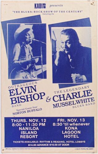 1992 Elvin Bishop Charlie Musselwhite Naniloa Island Resort & Kona Lagoon Hotel Hawaii Poster Extra Fine 63