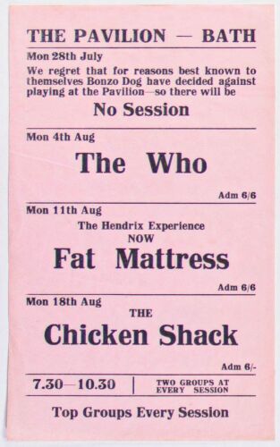 1969 The Who Noel Redding Fat Mattress Bath Pavilion Handbill Extra Fine 65