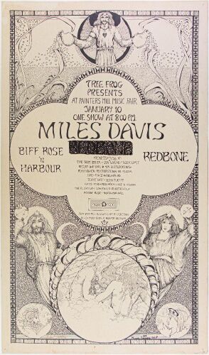 1970 Miles Davis Redbone Painter's Mill Music Fair Owings Mills Baltimore Tree Frog Cardboard Poster Extra Fine 67