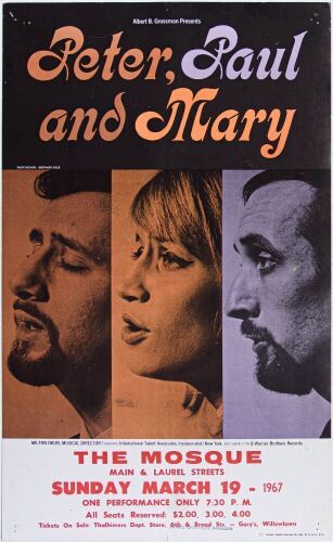 1967 Peter Paul & Mary The Mosque Richmond Cardboard Poster Excellent 79
