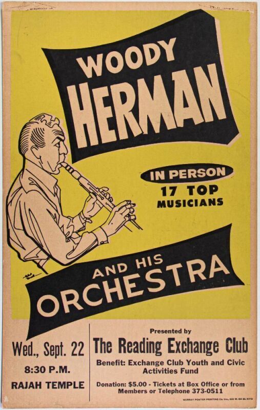 1954 Woody Herman & His Orchestra The Rajah Temple Reading Cardboard Poster Excellent 75