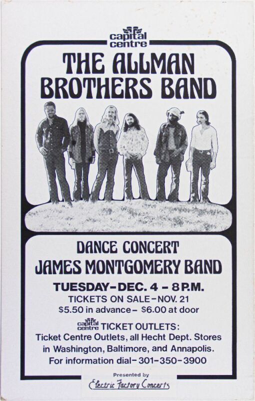 1973 Allman Brothers Band The Capitol Centre Landover Cardboard Poster Excellent 71