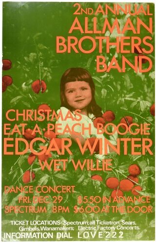 1972 Allman Brothers Band Edgar Winter Philadelphia Spectrum Poster Near Mint 83