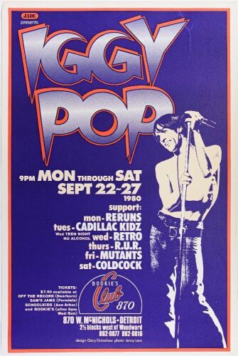 1988 PCL-11 Gary Grimshaw Iggy Pop Bookie's Club Detroit Commemorative Poster Excellent 70