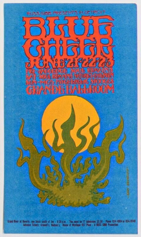 1968 G/G-680621 Blue Cheer Grande Ballroom Detroit Postcard Near Mint 83