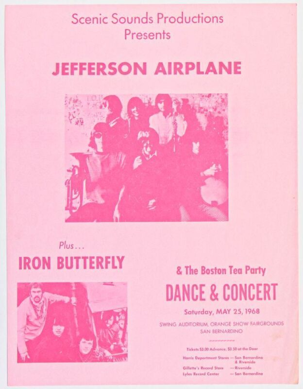 1968 Jefferson Airplane Iron Butterfly Swing Auditorium San Bernadino Flyer Extra Fine 69