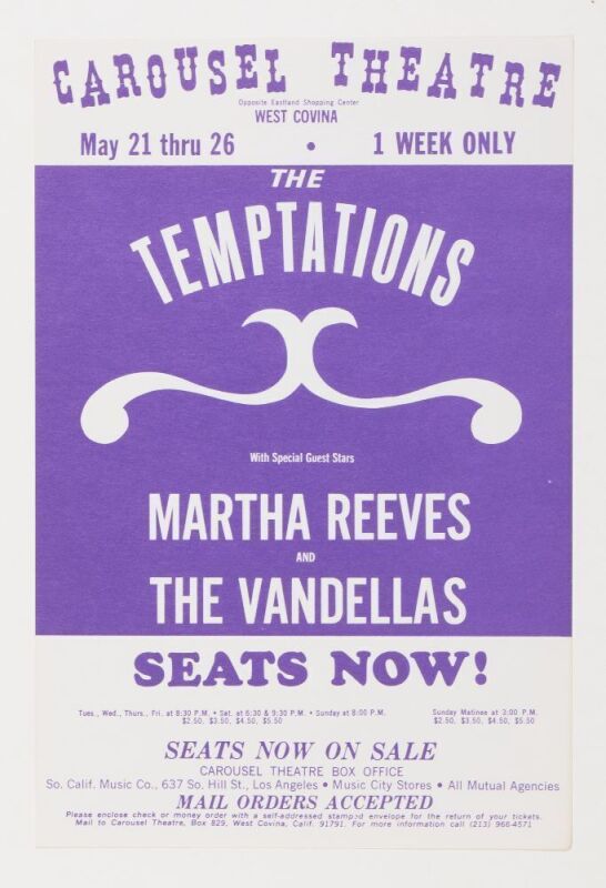 1968 The Temptations Martha Reeves The Vandellas Carousel Theatre West Covina Handbill Mint 93
