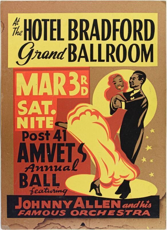 1962 Johnny Allen & His Orchestra The Hotel Bradford Grand Ballroom Boston Cardboard Poster Fine 59