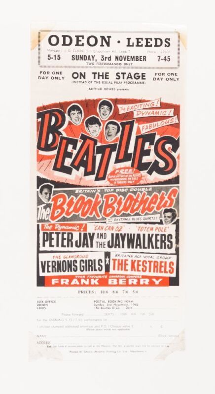 1963 The Beatles The Odeon Cinema Leeds Ticket Order Form Handbill Extra Fine 61