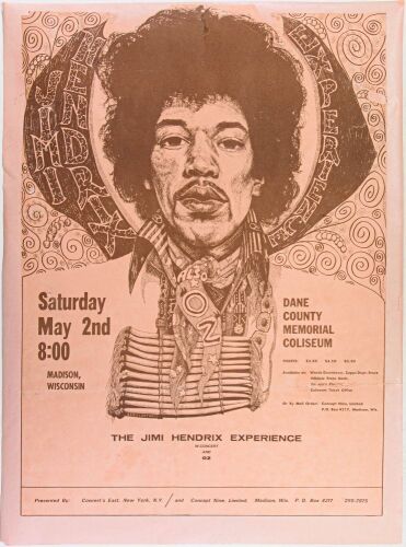 1970 Jimi Hendrix Experience The Dane County Memorial Coliseum Madison Poster MOUNTED