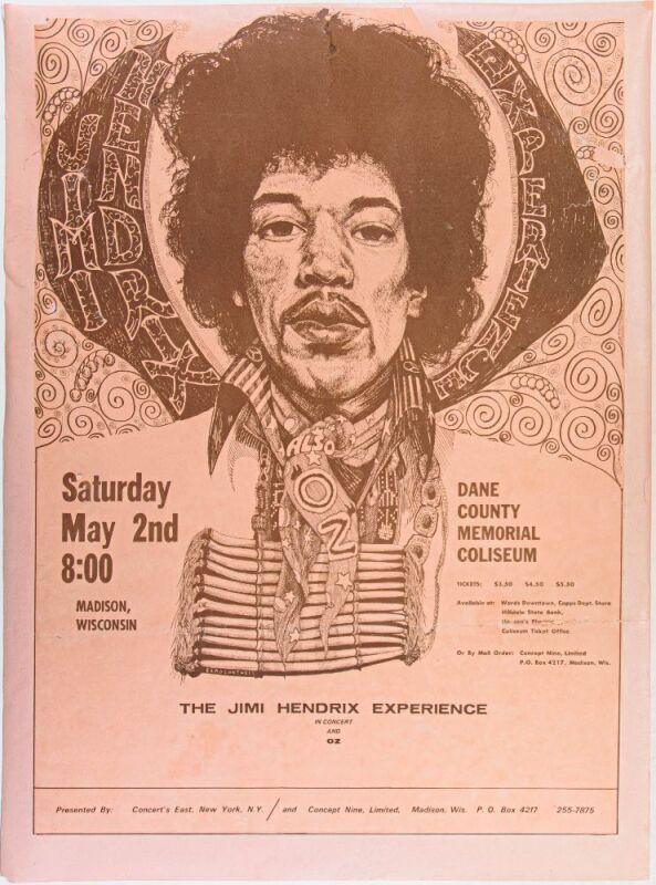 1970 Jimi Hendrix Experience The Dane County Memorial Coliseum Madison Poster MOUNTED