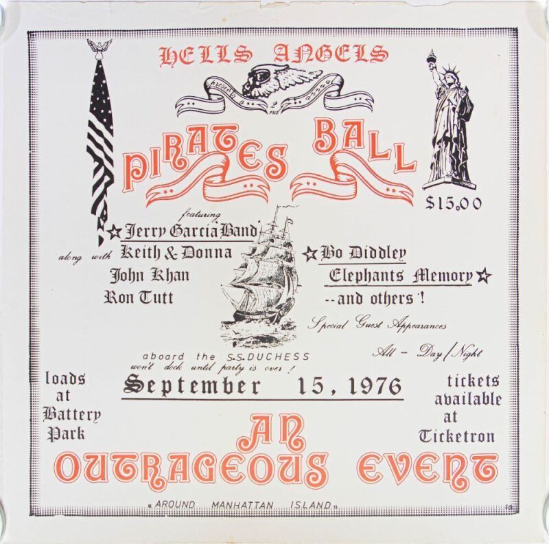 1976 Jerry Garcia Band Bo Diddley Hells Angels A Pirate's Ball S.S. Dutchess New York Poster Extra Fine 65