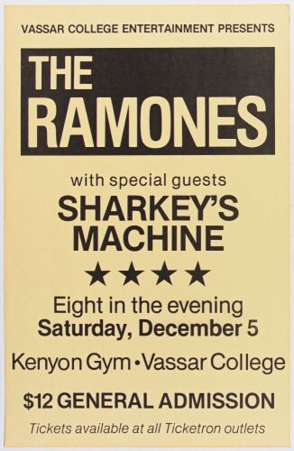 1987 The Ramones Kenyon Gym Vassar College Poughkeepsie Poster Near Mint 89