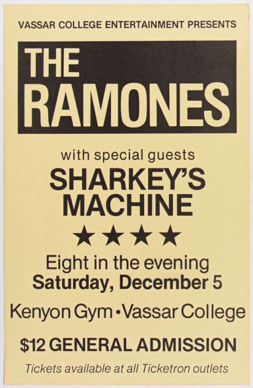 1987 The Ramones Kenyon Gym Vassar College Poughkeepsie Poster Near Mint 89