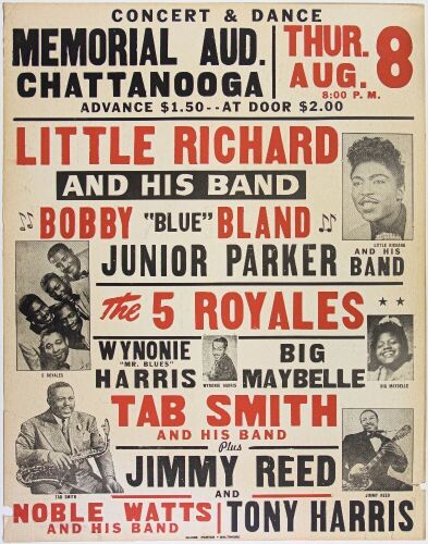 1957 Little Richard Bobby Bland Big Maybelle Jimmy Reed Chattanooga Memorial Auditorium Cardboard Globe Poster Extra Fine 63