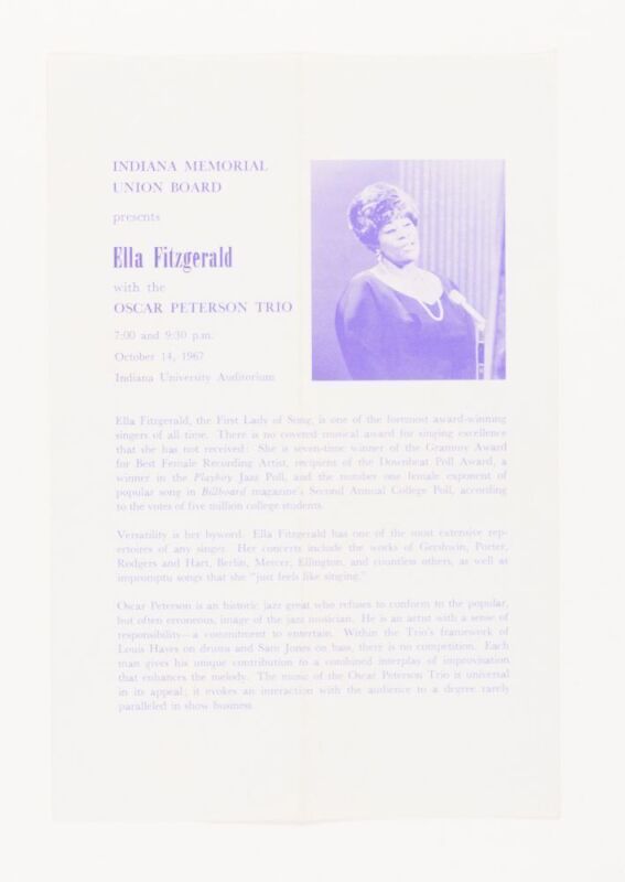 1967 Ella Fitzgerald Indiana University Auditorium Bloomington Handbill Excellent 73