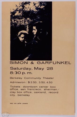 1966 Simon & Garfunkel Berkeley Community Theater Cardboard Poster Excellent 77