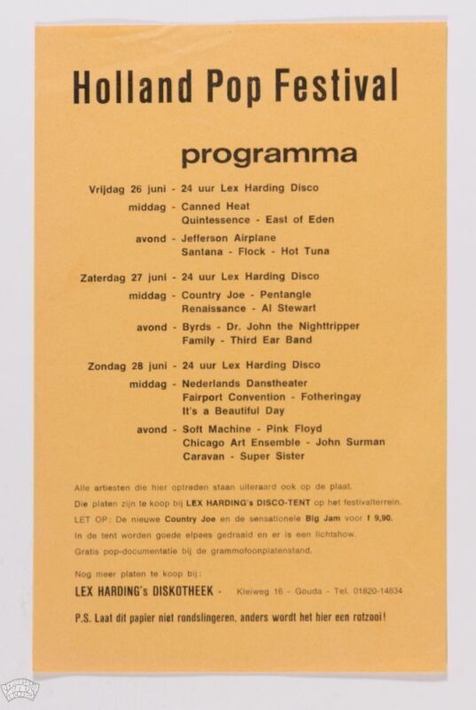 1970 Pink Floyd The Byrds Jefferson Airplane Santana Hot Tuna The Holland Pop Festival Kralingsebos Rotterdam Program Near Mint 81