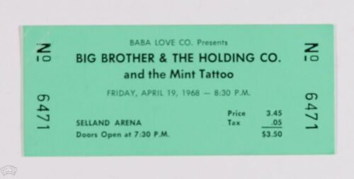 1968 Big Brother & the Holding Company Janis Joplin Selland Arena Fresno Unused Concert Ticket Near Mint 89