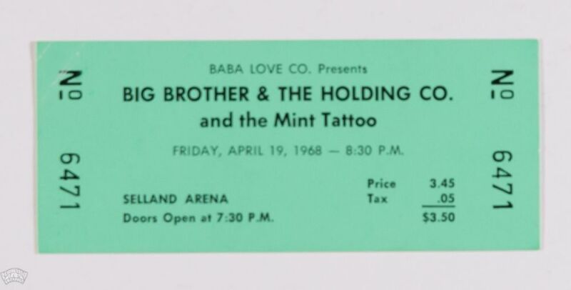 1968 Big Brother & the Holding Company Janis Joplin Selland Arena Fresno Unused Concert Ticket Near Mint 89