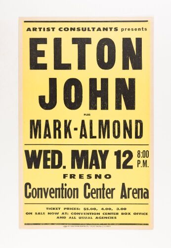 1971 Elton John Fresno Convention Center Arena Cardboard Poster Excellent 79