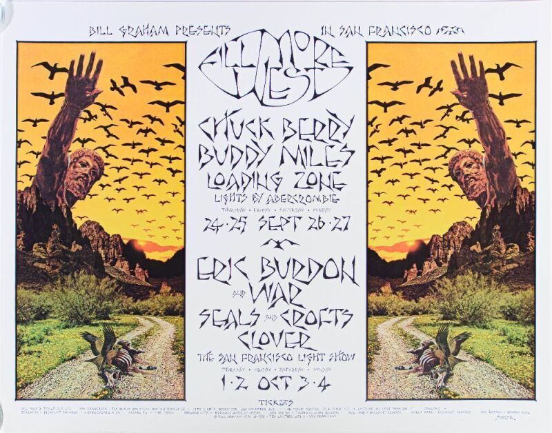 1970 BG-250 Chuck Berry Buddy Miles Eric Burdon & War Fillmore West Poster Near Mint 87