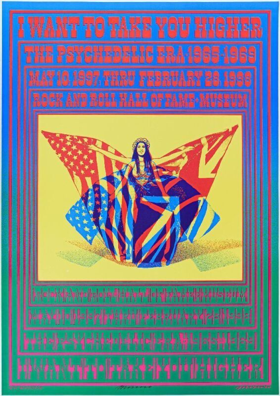 1997 Victor Moscoso I Want to Take You Higher R&R Hall of Fame Exhibit Signed Moscoso Poster Near Mint 85