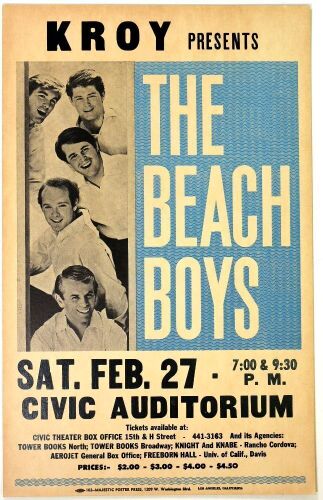 1966 The Beach Boys Sacramento Civic Auditorium Cardboard Poster Near Mint 83